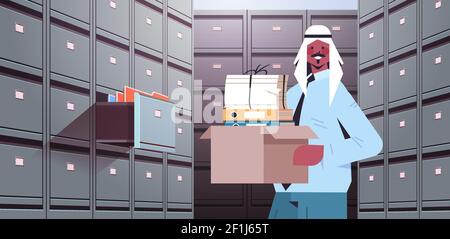 arab businessman holding cardboard box with documents in filing wall cabinet with open drawer data archive storage business administration paper work concept horizontal portrait vector illustration Stock Vector