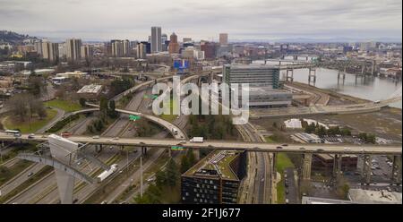 Overcast Skies Downtown Portland Oregon Highway Traffic Moving North on Interstate 5 Stock Photo