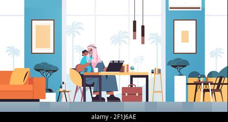 arab father sitting at workplace with little son fatherhood parenting concept dad spending time with his kid at home living room interior horizontal full length vector illustration Stock Vector