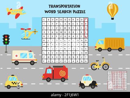 Word search puzzle for children, transport theme, fun education game ...