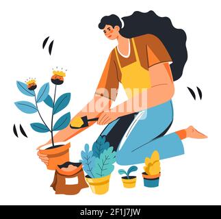 Woman gardening growing plants in pots from seed Stock Vector