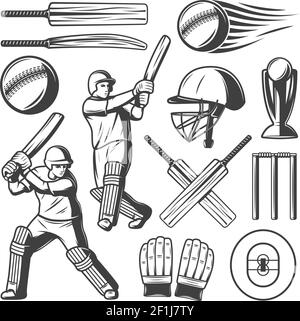 Vintage cricket elements collection with players wicket and sport equipment in hand drawn style isolated vector illustration Stock Vector