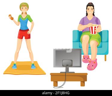 Weight loss concept with athletic slim girl doing exercises and fat woman sitting in armchair eating popcorn watching tv vector illustration Stock Vector