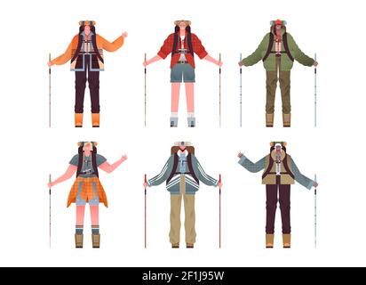Set of diverse people with hiking equipment and camping backpack on isolated white background. Happy men women cartoon character collection for outdoo Stock Vector