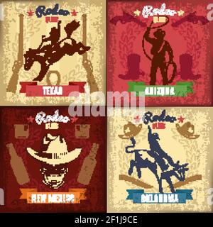 Vintage wild west emblems with cowboy riding animals skull weapon and different rodeo elements vector illustration Stock Vector