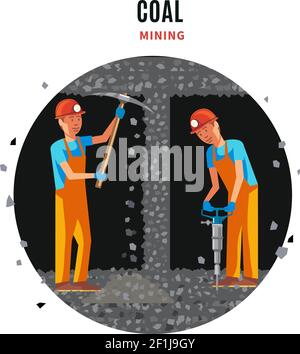 Coal extraction flat template with working miners in uniform holding pick and drill vector illustration Stock Vector