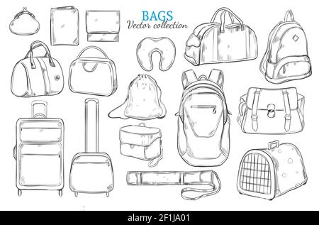 Hand drawn travel bags set with backpack baggage luggage suitcases purse tube clutch pillow gadget cases isolated vector illustration Stock Vector
