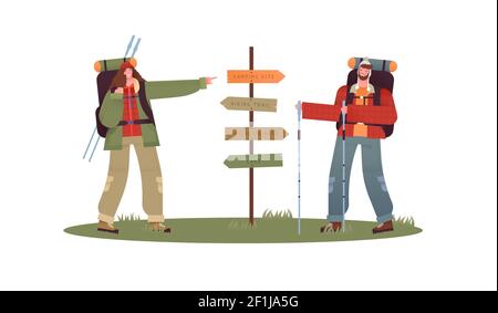 Happy couple hiking together pointing at forest guide post for directions. Outdoor travel concept of man and woman in camping site, flat cartoon chara Stock Vector