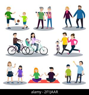 Sport and healthy family set with football fitness skating cycling running badminton yoga baseball activities isolated vector illustration Stock Vector