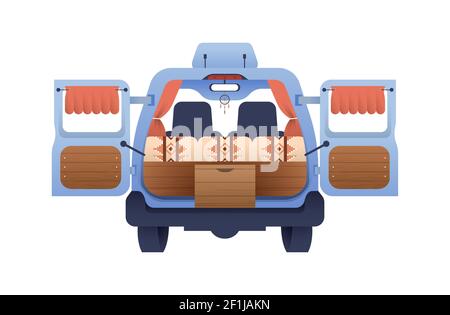 Back view of motorhome van, mobile home rv vehicle on isolated white background. Modern flat cartoon illustration for outdoor camping adventure or tin Stock Vector