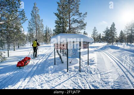 Ski touring in Urho Kekkonen National Park, Sodankylä, Lapland, Finland Stock Photo