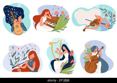 Women playing string and wind instruments vector Stock Vector