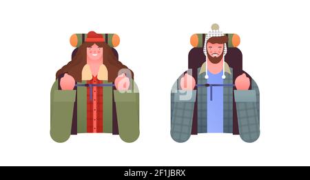 Man and woman with camping backpack on isolated white background. Happy cartoon character set for outdoor travel tourist concept in winter season. Stock Vector