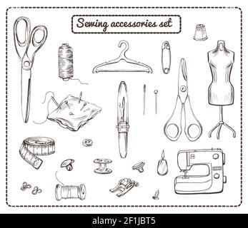 Hand drawn tailoring elements collection with sewing equipment accessories and tools in monochrome style isolated vector illustration Stock Vector
