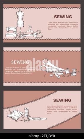 Hand drawn tailoring horizontal banners with sewing accessories tools and equipment vector illustration Stock Vector