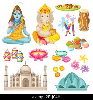 Colorful indian culture elements set with Shiva Ganesha Gods sweets lanterns diya buildings spices fireworks drums flowers isolated vector illustratio Stock Vector