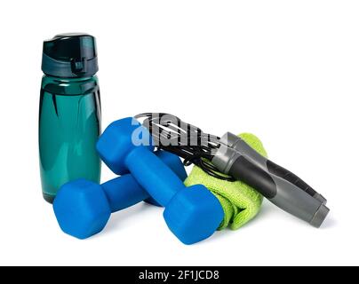 Dumbbells, Sports Bottle and Jumping rope Stock Photo