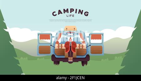 Happy woman in back of motorhome van, mobile home rv vehicle on mountain forest landscape background. Modern flat cartoon character illustration for o Stock Vector