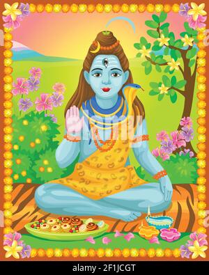Colorful bright indian template with sitting Shiva God sweet products diya on nature landscape vector illustration Stock Vector