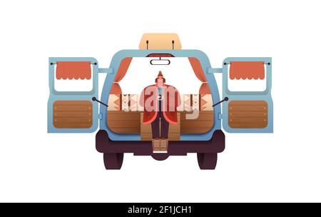 Happy woman in back of motorhome van, mobile home rv vehicle on isolated white background. Modern flat cartoon character illustration for outdoor camp Stock Vector