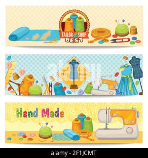 Tailor elements horizontal banners with cloth sewing machine scissors thimble spools needles threads meter hanger buttons mannequin vector illustratio Stock Vector