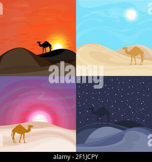 Colorful sand desert landscape templates with camel silhouettes at different day time vector illustration Stock Vector