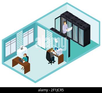 Isometric data center template with people working in office and technician repairing hosting servers vector illustration Stock Vector