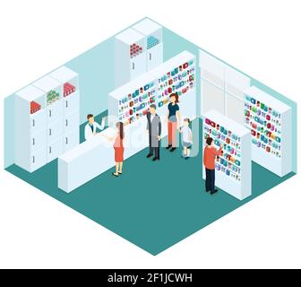 Colorful isometric pharmacy concept with pharmacist and clients choosing and bying different drugs pills medicaments vector illustration Stock Vector