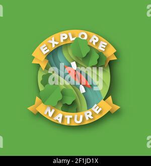 Explore nature quote label in 3d paper cut craft style. Outdoor sport illustration with papercut kayak boat, river water and green trees. Extreme raft Stock Vector