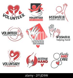 Volunteer signs and volunteering community icons Stock Vector