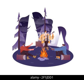 Happy friends around bonfire at night. Diverse young friend group in fun outdoor forest vacation playing guitar and eating marshmallows together. Stock Vector