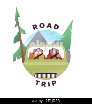 Happy man and woman driving vintage car with vacation suitcase, pet dog on isolated white background. Road trip travel icon concept. Stock Vector