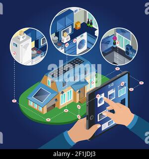 Isometric smart home management concept with remote control from tablet of different appliances and electronic devices vector illustration Stock Vector