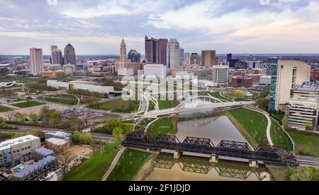 Aerial View over the Columbus Ohio Skyline Featuring Scioto River Stock Photo