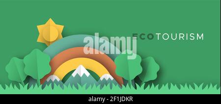Eco tourism banner illustration in 3d paper cut craft style. Outdoor travel illustration with papercut mountain forest, trees and rainbow sky. Green Stock Vector