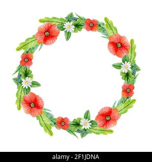 Watercolor floral wreath with chamomile, poppy, clover and leaves Stock Photo