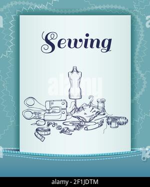 Light tailoring card template with sketch sewing accesories and tools on rectangular frame placing in opened zipper vector illustration Stock Vector