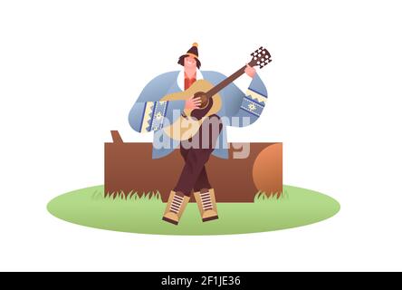 Happy young woman playing acoustic guitar in nature landscape for outdoor leisure activity concept or camping adventure on isolated white background. Stock Vector