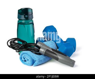 Dumbbells, Sports Bottle and Jumping rope Stock Photo