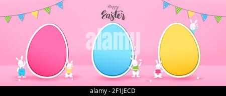 Bunnies with empty colorful eggs for adding your texts or pictures in pink banner background with Happy Easter text Stock Vector