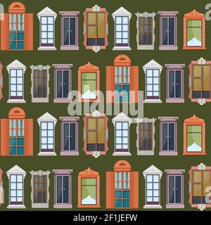 Flat colorful windows seamless pattern with exterior objects of different structure and architecture vector illustration Stock Vector