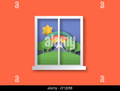 Nature landscape window view in 3d paper cut craft style. Outdoor travel illustration with papercut mountain forest and rainbow sky. Colorful children Stock Vector