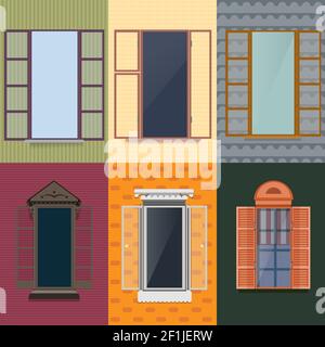 Colorful decorative opened windows set of different shapes and construction in flat style isolated vector illustration Stock Vector