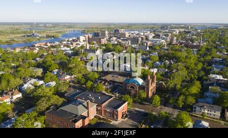 Green Leaves Out Springtime Aerial View Downtown City Center Wilmington North Carolina Stock Photo