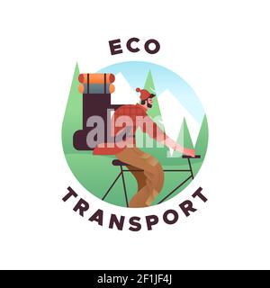 Happy young man riding bicycle in green nature environment. Eco friendly transport concept, flat cartoon icon of character on bike for vacation or out Stock Vector