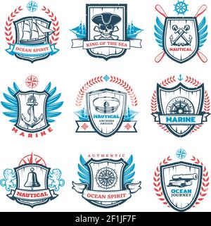 Vintage colored nautical emblems set with marine and sailing elements on heraldic shields isolated vector illustration Stock Vector