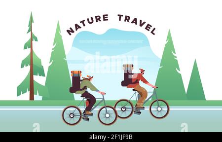 Happy man and woman riding mountain bike with backpack vacation luggage. Nature travel adventure concept in green forest tree landscape. Stock Vector