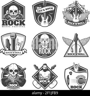 Vintage monochrome rock music emblems set with letterings skulls guitars wings microphone headphone musician isolated vector illustration Stock Vector