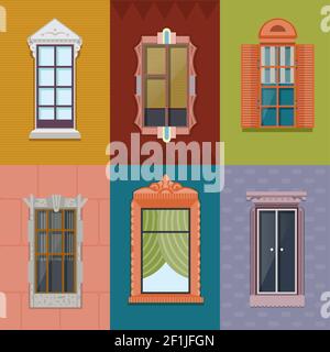 Colorful windows flat collection of different shapes and construction for building exterior on wall background vector illustration Stock Vector