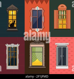 Colorful detailed night windows collection of different shapes and construction in flat style isolated vector illustration Stock Vector